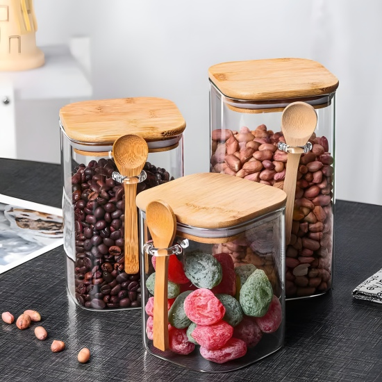 Glass Jar with Wooden Lid and Spoon Medium
